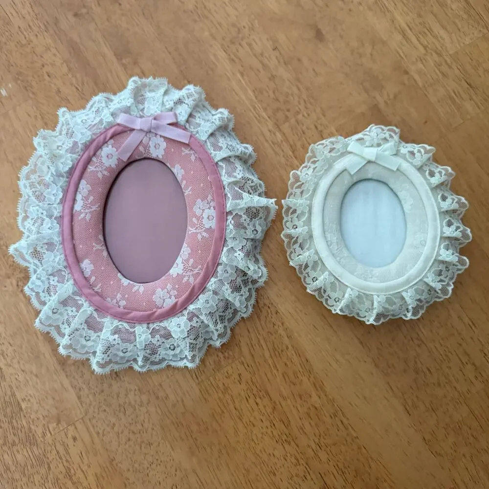 Vintage 90s Satin and Lace Oval Easel Frames Pink Ivory Romantic Cottage Core